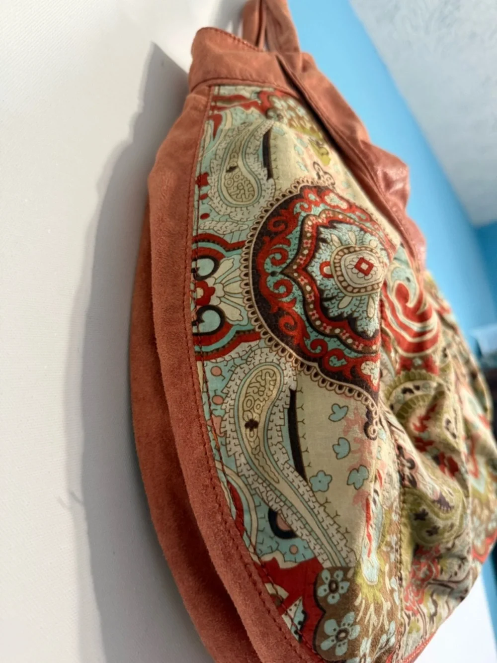 Ebisu Boho Paisley Print Hobo Bag with Large Bow Accent Orange Coral